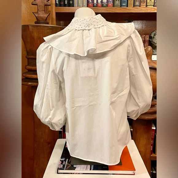 ZARA 100% Eco Cotton - Victorian Ruffle Collar White Blouse - Picture 4 of 8